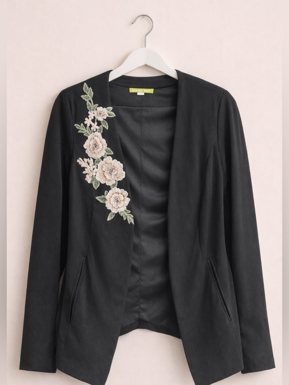 Gianni Bini Black Embroidered Floral Blazer Open Front Chic Jacket M - Picture 2 of 3